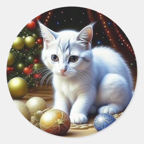 White Kitten Playing with Gold Christmas Ornaments Classic Round Sticker