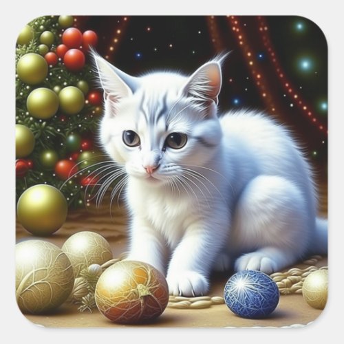 White Kitten Playing with Gold Christmas Ornaments Square Sticker