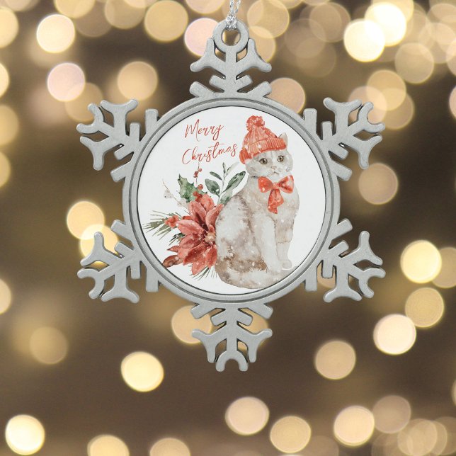 White Kitten Red Poinsettia Merry Christmas Snowflake Pewter Christmas Ornament (Creator Uploaded)