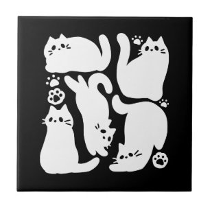 White Kitten Silhouettes - Cute Feline Design Ceramic Tile