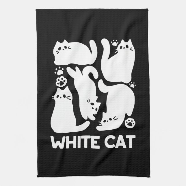 White Kitten Silhouettes - Cute Feline Design Kitchen Towel (Vertical)