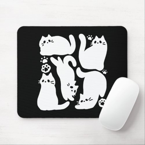 White Kitten Silhouettes _ Cute Feline Design Mouse Pad