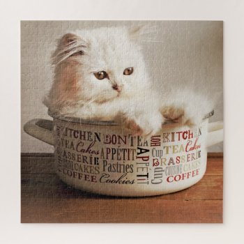 White Kitten Sitting In A Gourmet Chef Pot Jigsaw Puzzle by petcherishedangels at Zazzle