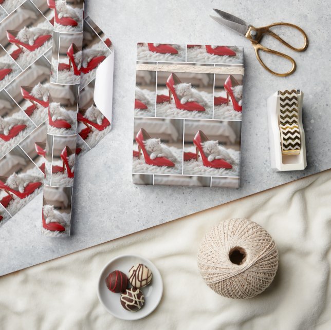 White Kitten Sleeping in a Red Shoe Wrapping Paper (Crafts)