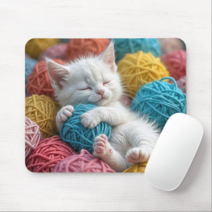 White Kitten Sleeping In Yarn Balls Mouse Pad