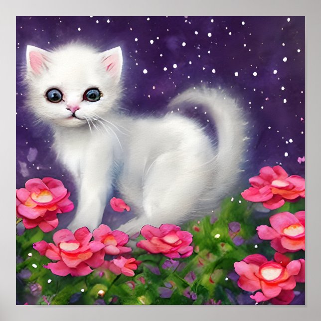 White Kitten Surrounded by Flowers Poster (Front)