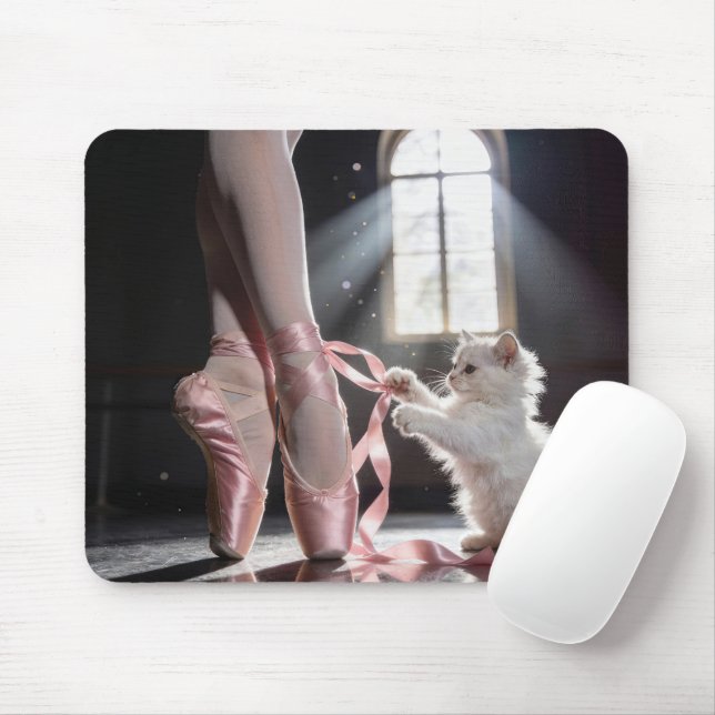 White Kitten Untying a Ballerina Slipper Mouse Pad (With Mouse)