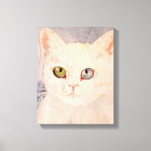 White Kitten with Blue Eye and Green Eye Canvas P