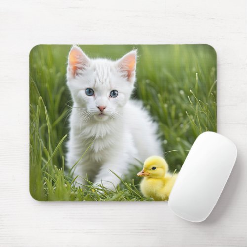 White Kitten With Duckling Mouse Pad