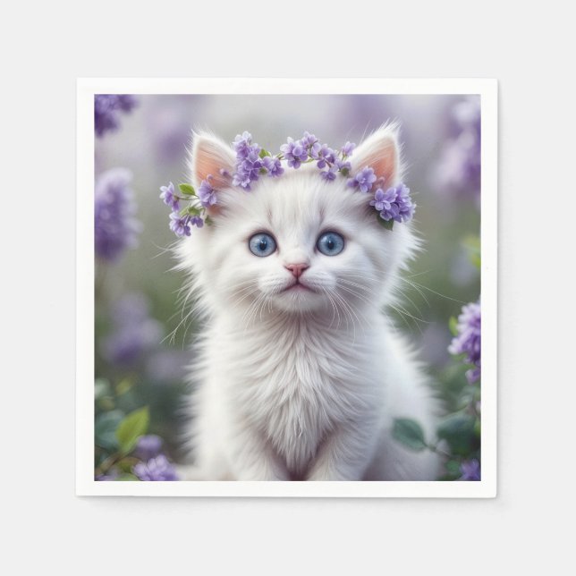 White Kitten With Lilac Laurel Napkins (Front)