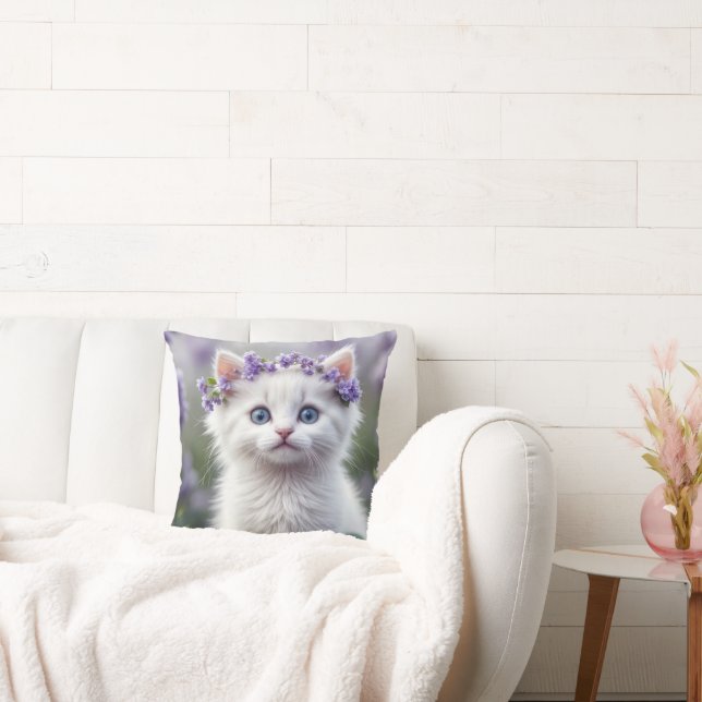 White Kitten With Lilac Laurel Throw Pillow (Couch)