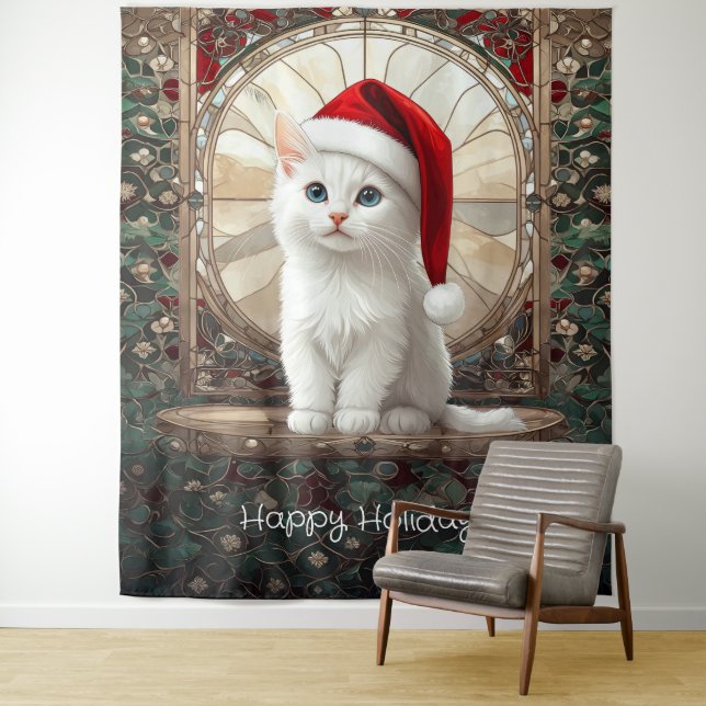 White Kitten with Santa Hat Backdrop (In Situ)