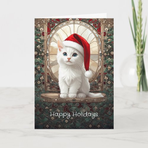 White Kitten with Santa Hat Holiday Card