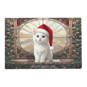 White Kitten with Santa Hat Paper Placemat