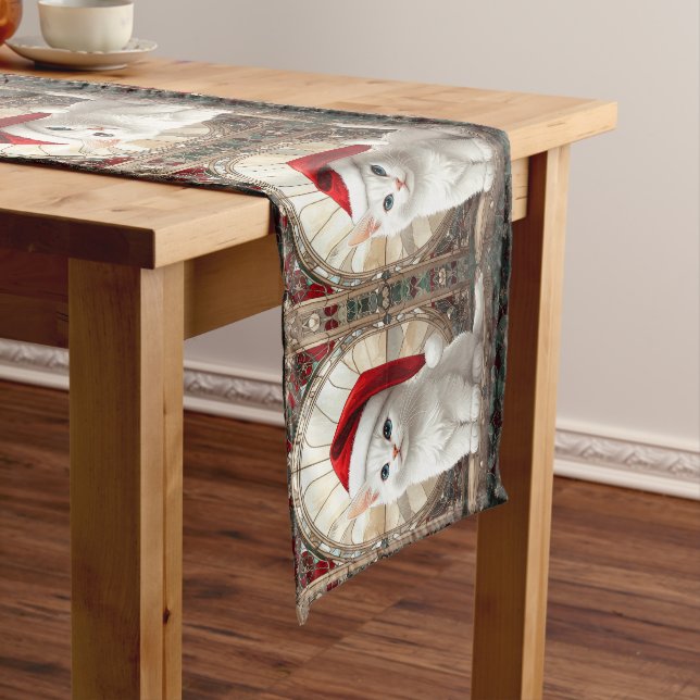White Kitten with Santa Hat Table Runner (In Situ)