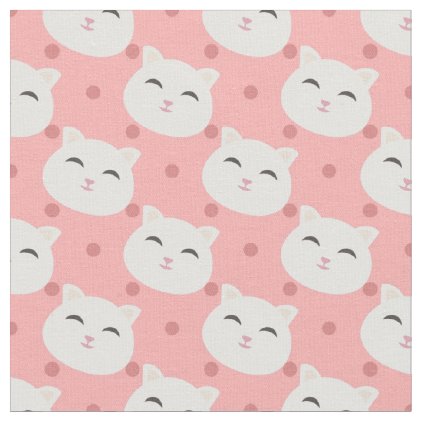 White Kittens on Pink Polka Dot Background Fabric