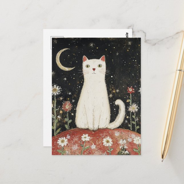 White Kitty and the Moon Postcard (Front/Back In Situ)