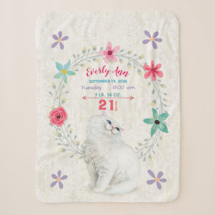 White Kitty Cat Baby Girl Stats Watercolor Wreath Sherpa Blanket