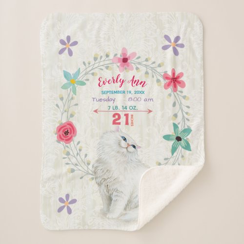 White Kitty Cat Baby Girl Stats Watercolor Wreath Sherpa Blanket