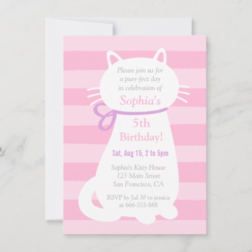 White Kitty Cat Pink Stripes Girls Birthday Party Invitation