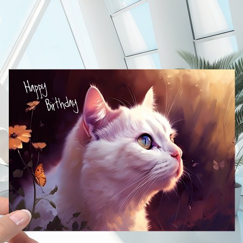 White Kitty Cat with Flowers  Butterfly Birthday Card