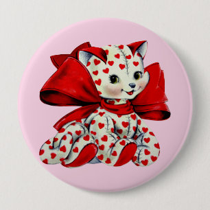 White kitty Cat With hearts Vintage Valentines Art Button
