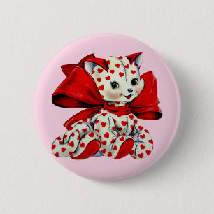 White kitty Cat With hearts Vintage Valentines Art Button