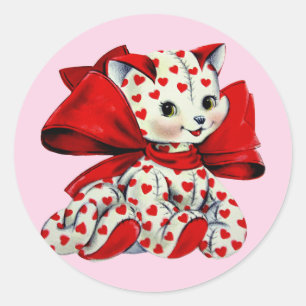 White kitty Cat With hearts Vintage Valentines Art Classic Round Sticker