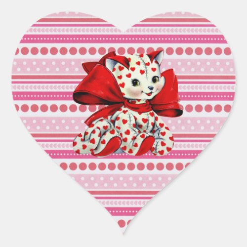 White kitty Cat With hearts Vintage Valentines Art Heart Sticker