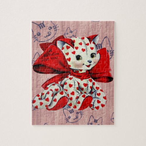 White kitty Cat With hearts Vintage Valentines Art Jigsaw Puzzle