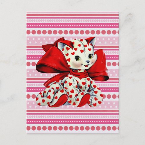 White kitty Cat With hearts Vintage Valentines Art Postcard