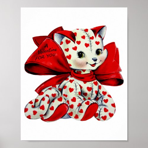 White kitty Cat With hearts Vintage Valentines Art Poster