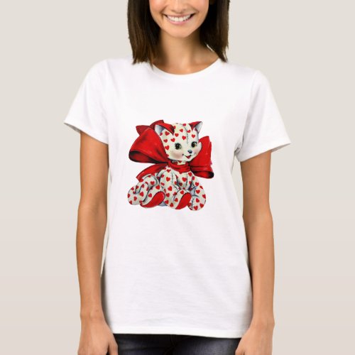 White kitty Cat With hearts Vintage Valentines Art T_Shirt