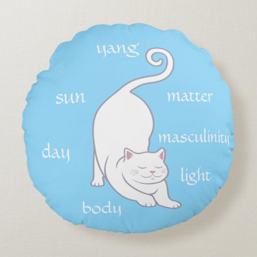 White Kitty Cat Yoga  Editable Text on Turquoise Round Pillow