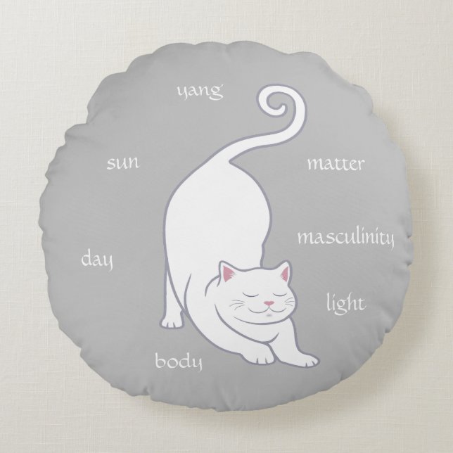 White Kitty Cat Yoga & Text on Silver Gray Round Pillow (Front)