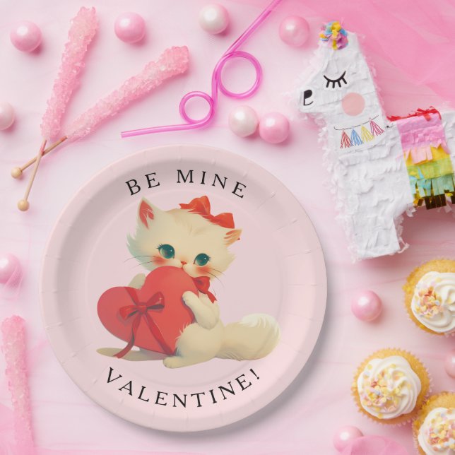 White Kitty Vintage Be Mine Valentine Paper Plates (Party)