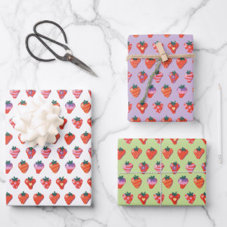 White-Kiwi-Plum Illustrated Strawberry Wrapping Paper Sheets