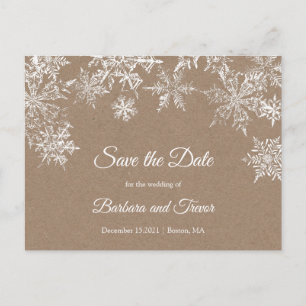 White & Kraft Snowflakes Winter Save the Date Announcement Postcard