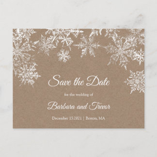 White & Kraft Snowflakes Winter Save the Date Announcement Postcard