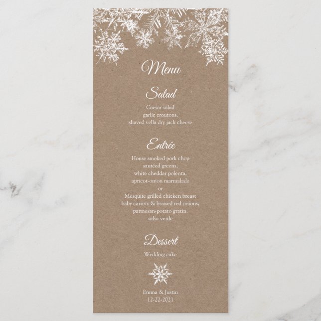 White & Kraft Snowflakes Winter Wedding Rackcard Menu (Front)
