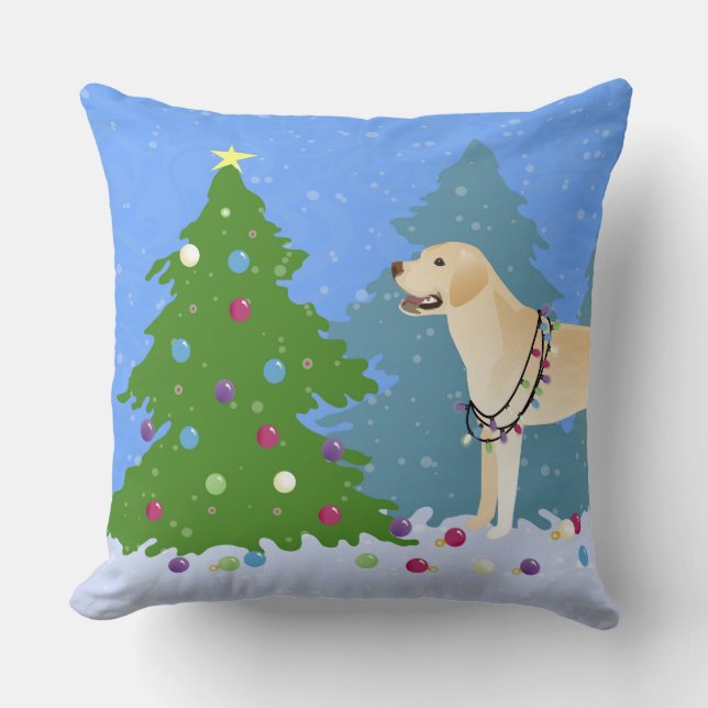 White Lab in the Forest Decorating Christmas Tree Throw Pillow (Front)