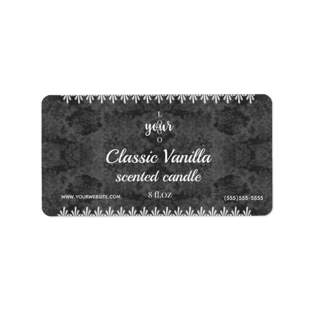 White Lace and Black Damask Scented candle label (Front)
