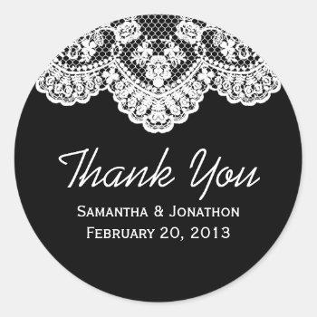 White Lace And Black Wedding Thank You Classic Round Sticker by prettypicture at Zazzle