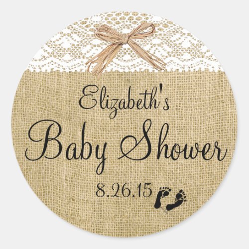 White Lace and Burlap Baby Shower Favor Classic Round Sticker