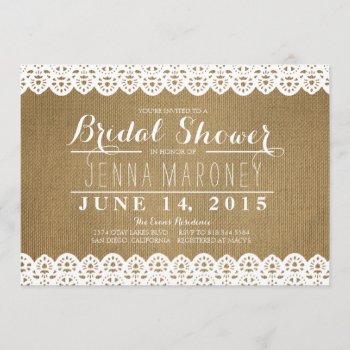 White Lace And Burlap Bridal Shower Invitation by GreenLeafDesigns at Zazzle
