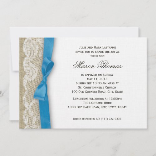 White Lace and Burlap Christening Personalized Invite
