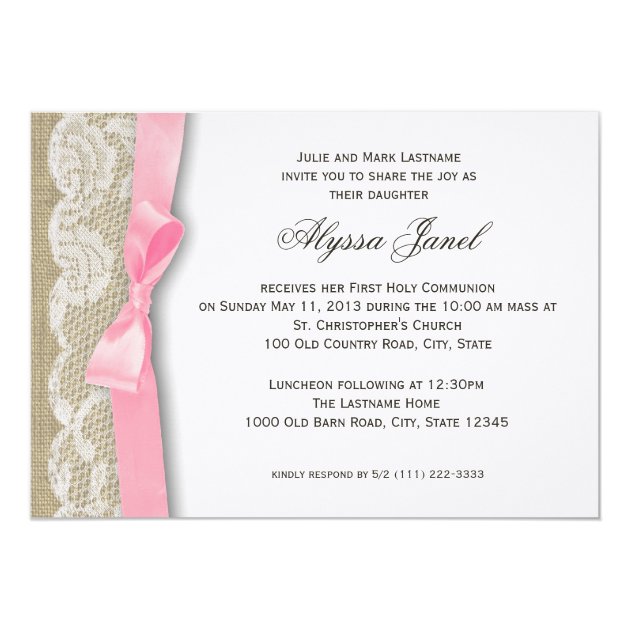 White Lace And Burlap First Communion Invitation
