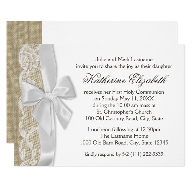 White Lace And Burlap First Communion Invitation