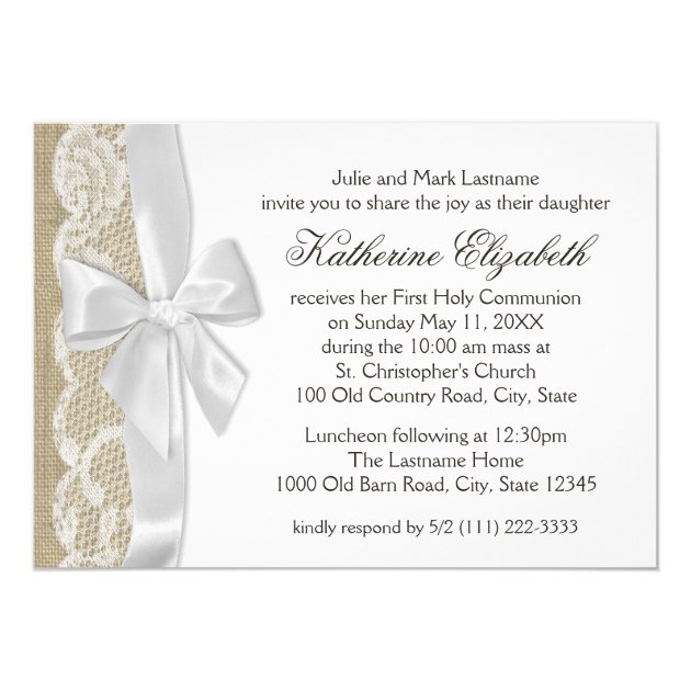 White Lace And Burlap First Communion Invitation