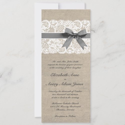 White Lace and Burlap Wedding Invitation Vertical